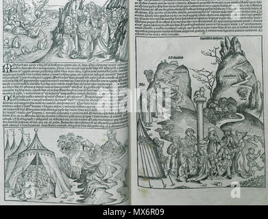 . Anglais : Hartmann. Schedell Liber Cronicarum, Nuremberg, Anton/Koberg Schreyer & Sebastian Kammermeister, 1493. 1493. Hartmann Schedel 147 Traversée de la Mer Rouge Moïse reçoit les tables de la loi des Dix Commandements de Dieu sur le mont Sinaï Moïse pulvérise le Schedell - onglet Hartmann - 1493 Banque D'Images