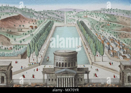 . English : Vue de la barrière Saint-Martin et du bassin du canal de l'Ourcq. eau-forte coloriée Deutsch : Rotonde und Bassin de la Villette, Paris. unsignierte colorierte, Radierung . vers 1820 74 Bassin de la Villette 1820 Banque D'Images