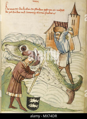 . Windeck Eberhard : Das Buch von Kaiser Sigismund (Handschrift bei Sotheby's 7.7.2009, siehe http://www.handschriftencensus.de/9134), folio 88r, la capture d'une grande baleine à Dunkerque qui a produit 120 tonnes de lard, avec la baleine (représenté comme un énorme poisson vert) est piraté par un homme), remarque qu'est présent dans le Windeck photo cela peut bien noter qu'il a été un témoin oculaire de cet événement . circa 1440-50. Illustrator aus der Werkstatt von Diebold Lauber 103 Buch-kaiser-sigismond-L09740-26-LR-7 Banque D'Images