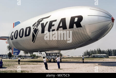L'équipe au sol est prêt pour le dirigeable Goodyear 'Mayflower' passer de sa base d'opérations de la côte est à Miami, Floride, USA, en 1976. Le Mayflower était plus tard remplacé par "l'esprit de l'innovation", l'un des trois dirigeables Goodyear aux États-Unis qui a volé comme dans l'emblématique annonces relatives à la société de pneus et de produits de caoutchouc. Au début de 2017, Goodyear a remplacé tous les trois de ces organisations non-rigide d'air bag véhicules avec des Zeppelins de construction allemande qui ont des structures internes rigides. Les dirigeables sont le plus souvent vus planant au-dessus des manifestations sportives pour fournir une couverture aérienne à la télévision. Photo historique. Banque D'Images