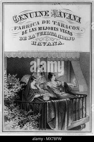 . Anglais : Publicité pour les cigares de La Havane. Lithographie, 1868 http://loc.gov Description du Titre : La Havane authentique Call Number : 10618-71 LOT [point] [P&P] NUMÉRO DE REPRODUCTION : LC-USZ62-78340 (b&w film copie neg.) Pas de restrictions connues sur la reproduction. Résumé : Trois beautés cubaines assis sur un balcon fumeurs de cigares de La Havane. Scène de genre romantique. Moyen : 1 gravure : lithographie. Création/Publication : 1868. NOTES : Objet : Lotissement de fumeurs (hommes, femmes, enfants dans l'acte de) - Les enfants, les femmes. Crayon lithographie de F. Heppenheimer & Co. référentiel : Library of Congress Prints and Photographs Banque D'Images