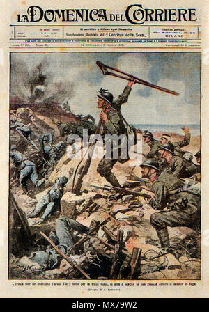 . Anglais : Scan de la première page de l'édition de la "La Domenica del Corriere", un magazine italien, avec un dessin d'Achille Beltrame représentant Enrico Toti, patriote et héros de la Première Guerre mondiale Italiano : Scansione della Prima pagina della rivista "La Domenica del Corriere" del 24 settembre 1916 con una illustrazione di Achille Beltrame raffigurante Enrico Toti, eroe della prima guerra mondiale. 24 septembre 1916. Achille Beltrame (1871-1945) peintre et illustrateur italien Description qui a travaillé principalement pour La Domenica del Corriere, magazine hebdomadaire de Corriere della Sera Date de naissance/de Banque D'Images