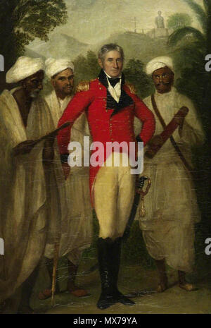 . Anglais : Portrait de Colin Mackenzie peint par Thomas Hickey en 1816. Mackenzie, portant uniforme écarlate, est accompagné par trois de ses assistants indiens. Dans la distance est la colossale statue de Gomateshvara Jain à Karkala. 1816. Thomas Hickey (1741-1824) 138 Colin Mackenzie Banque D'Images