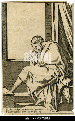 . Anglais : British Museum, Michelangelo ( ?) assis devant une niche de dormir, sa tête reposant sur sa main droite, le pied gauche sur une gravure attribuée à l'étape : Léon Davent Hauteur : 142 mm Largeur : 88 mm Lettres 'Minférieur gauche de l'icha. Ange. Bonarotanus. Florentinus. Optimus sculpteur anno aetatis sue .23 . Années 1540. Léon Davent - graveur français au milieu du xvie siècle 154 mic Davent bm Banque D'Images