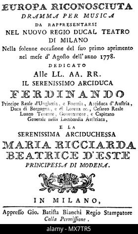 . L'image représente l'affiche originale de l'opéra Europa Riconosciuta d'Antonio Salieri, le 3 août 1778 . 15:40 26 juin 2007 -- voir en [1]. Inconnu 199 Europa Riconosciuta Affiche originale 1778 Banque D'Images