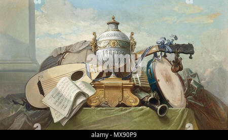 . Un luth, un tambourin, une flûte, une clarinette, un tambour, une note de musique, et une urne sur un socle, sur une corniche drapé . 1862249 Godefroy luth et autres instruments 1862 Banque D'Images