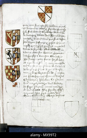 . Anglais : Fondateurs et bienfaiteurs de l'abbaye de Tewkesbury Livre : texte page avec quatre boucliers, et sept énoncés écussons non rempli. vers 1525. 214 Inconnu Livre des fondateurs de l'abbaye de Tewkesbury, Frame 16 Banque D'Images