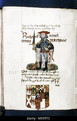 . Anglais : Fondateurs et bienfaiteurs de l'abbaye de Tewkesbury Livre : Richard Neville, comte de Warwick (tué au combat, 1471), 'la' King-Maker, supposé la seigneurie de Gloucester et affectés au couvent église Sherston : il se tenant son épée dégainé à la verticale. Un bouclier. circa 1525. 214 Inconnu Livre des fondateurs de l'abbaye de Tewkesbury, Frame 22 Banque D'Images