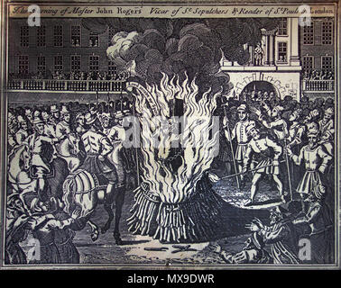 . Anglais : gravure sur bois montrant l'exécution de John Rogers à Smithfield, Londres en 1555. Reproduit à la page 108 de John Foxe's Le troisième volume de l'histoire ecclésiastique, contenant les actes et les monuments des Martyrs : avec un discours général de l'Presecutions plus tard, d'horribles problèmes et des tumultes, attisé par les prélats papistes dans l'Église publié en 1684 . D'abord publié 1684. Artiste inconnu 594 l'incendie de Capitaine John Rogers Banque D'Images