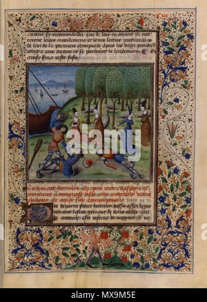 . Hercule au jardin des Hespérides département manuscrits occidentaux cote du document FRANCAIS 59 fonds ou collection Louis de Bruges ; librairie de Blois période du Moyen âge document date du document ou du recueil 1470 ? Partie de Recueil des histoires de Troie. - Bruges, folio Folio 119 pagination auteur(s) Maître de la Chronique d'Angleterre (Enlumineur) Le Fèvre, Raoul (14..-14..) (Auteur) catégorie Manuscrits à peinture matériau(x) Parchemin . circa 1470. Maître de la Chronique d'Angleterre (Enlumineur) 281 histoires de Troyes - Pommes des Hespérides Banque D'Images