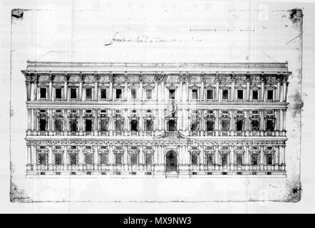 . Italiano : Galeazzo Alessi, Progetto del 1557 (modificato à corso d'opera) della facciata originale (quella di Piazza San Fedele) del manierista Palazzo Marino a Milano. Anglais : Galeazzo Alessi, 1557 Projet d'origine (légèrement modifié dans le bâtiment actuel) du Palazzo Marino à Milan, Italie. C'est la façade d'origine (l'une le long de la Piazza San Fedele square). . G.dallorto 234 Galeazzo Alessi, Progetto originario per la facciata di Palazzo Marino a Milano Banque D'Images