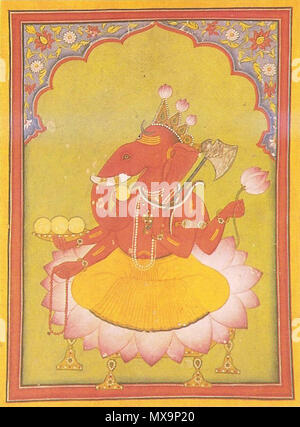 . Anglais : Ganesha s'apprête à jeter sa lotus. Miniature Basohli, vers 1730. National Museum, New Delhi. Source : Ce travail est reproduit et décrit dans Martin-Dubost, Paul (1997). Gaņeśa : l'enchanteur des trois mondes. Mumbai : Projet pour les études culturelles indiennes. ISBN 81-900184-3-4, p. 73, qui dit ceci : "vêtue d'un dhoti orange, son corps est enitirely rouge. Sur les trois points de sa petite couronne, lotus en herbe ont été fixées. Gaṇeśa tient dans ses deux mains droites le chapelet et une tasse remplie de trois (modakas une quatrième substitué par le tronc en courbe est à peu près à être dégusté). Banque D'Images