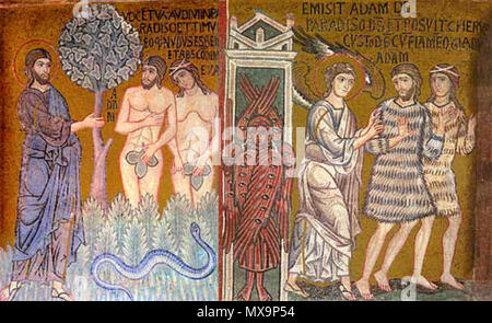 . Le Seigneur pose à la désobéissance d'Adam et Eve ; l'expulsion du paradis nef mosaïques de Chapelle Palatine, Palerme, Sicile. Milieu du xiie siècle. Milieu 12ème siècle.. Anonimous 235 Jardin d'eden mosaic Banque D'Images
