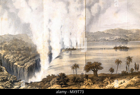 . Anglais : Les Chutes Victoria, de la rivière Zambèze ou Leeambye, appelée par les Autochtones (Mosioatunya Sondage fumée). "Nous avons commencé le matin suivant, le 9 août 1860, pour voir les chutes Victoria. Mosi-oa-Tunya Makololo est le nom, et des moyens de sondage de fumée. . Nous nous sommes lancés dans des canots. . Nous avons atterri à la tête de l'île-jardin, qui est situé près du milieu de la rivière et sur le bord de la tombe. En arrivant que pil et peering over la hauteur vertigineuse, le merveilleux et le caractère unique de la cascade magnifique une fois à fond sur nous. C'est plutôt une tâche sans espoir de s'efforcer de donner une idée de l'i Banque D'Images