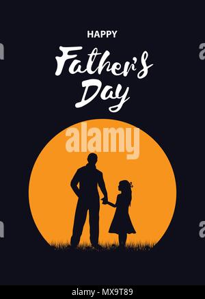 Silhouette de père et fille, père et fille sont debout dans l'arrière-plan du soleil avec happy father's day, vector Illustration de Vecteur