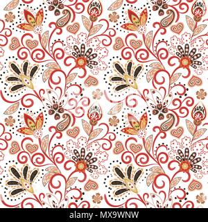 Hand drawn seamless flower pattern. Transparente avec motif coloré pargeting lunatique grunge fleurs et Paisley. Couleurs marron rouge sur fond blanc. Vector Illustration de Vecteur