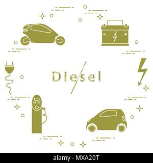 Interdiction des moteurs diesel. Le transport est respectueux de l'environnement. Voitures électriques, batterie, station de recharge, signe de sécurité électrique, câble, connecteur électrique Illustration de Vecteur