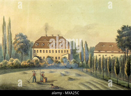 . Deutsch : Merzdorf bei Riesa aus : Album der Schlösser und im Rittergüter Königreiche Sachsen .... Section II : Meissnischer Kreis (Leipzig : Expedition des albums Sächsischer Rittergüter Schlösser und 1856). - Unterhalb betitelt. Druck bei L. Blau & Co. à Leipzig. 1856. G.A. Poenicke Merzdorf Herrenhaus 277 Banque D'Images