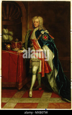 . Anglais : l'artiste britannique après Sir Godfrey Kneller, britannique, 1646-1723 George II, roi d'Angleterre (1683-1760), ca. 1727-32 Huile sur toile 242,2 x 153 cm. (95 3/8 x 60 1/4 in.) 276,9 x 184,1 cm. (109 x 72 1/2 in.) (cadre) L'Université de Princeton, une des membres des classes de 1894 et 1919 PP2 c'est sous le règne de George II que la charte de l'Université du New Jersey (maintenant l'Université de Princeton) a été accordée. En janvier 1761, une taille de la vie portrait du roi a été livré à Princeton à partir de Grande-Bretagne et suspendu dans ce qui est maintenant la faculté Prix à Nassau Hall. Le président du Collège au Banque D'Images