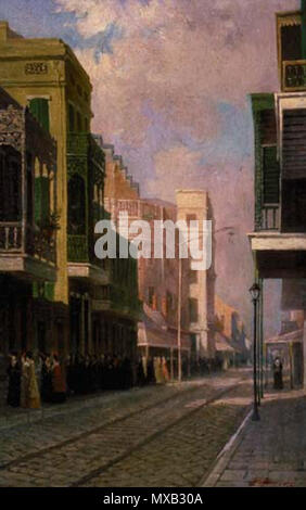 . 'Chers quitter l'Opéra Français'. La Nouvelle-orléans scène peinte par Paul Poincy, huile sur toile, 1895. Vue est sur Bourbon Street à la rivière vers le bas en direction de l'Opéra, le grand blanc structure observée en moyenne distance. Une double ligne de femmes sont à monter sur la banquette côté lac. . 1895 LadiesLeavingFrenchOperaPoincy 357 Banque D'Images