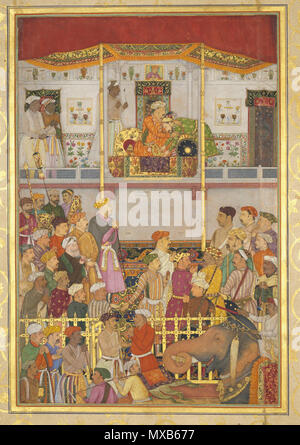 . Anglais : Jahangir reçoit Prince Khurram à Ajmer à son retour de la campagne de Mewar : Page du Windsor Padshahnama Balchand active (1595-ca. 1650) Date : ca. La Culture 1635 : l'Inde moghole (cour de Lahore ou Daulatabad) Médium : aquarelle opaque et d'or sur papier dimensions : Page : 22 15/16 x 14 7/16 po. (58,2 x 36,7 cm) de droit : 11 15/16 x 7 15/16 in. (30,4 x 20,1 cm) montée : 32 x 24 in. (81,3 x 61 cm) Encadré : 35 x 27 3/4 x 1 11/16 in. (90,8 x 70,4 x 2,6 cm) Classification : Ligne de crédit peinture : prêté par Sa Majesté la Reine Elizabeth II Numéro d'Accession : SL.l'homme 17.2011.13.1 et Reproduct Banque D'Images