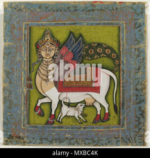 . Anglais : Kamadhenu, la vache fait Wish-Granting à Jodhpur, Rajasthan, Inde ou réalisés dans Nathadwara, Rajasthan, Inde c. 1825-55 Artiste/artisan inconnu, l'Inde et de pigments métalliques aquarelle opaque sur papier 5 x 5 pouces (12,7 x 12,7 cm) en ce moment pas sur voir 1994-148-401 Collection Stella Kramrisch, 1994 Cette vision de l'étiquette, la vache Kamadhenu Wish-Granting, combine la vache zébu blanc avec le visage féminin frontal couronné, 'colorés des ailes d'aigle et queue de paon de Buraq, l'animal que le prophète Mohammed rode au ciel dans son voyage nocturne (Miraj). Depuis au moins le xve siècle, comm Banque D'Images