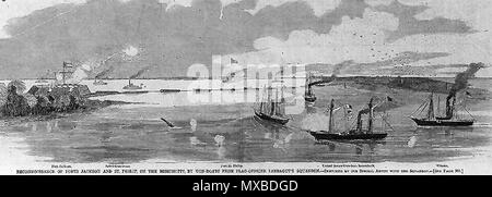 . Anglais : gravure en ligne intitulée "Reconnaissance des forts Jackson et saint philip, sur le Mississippi, par des bateaux-drapeau de l'Escadron d'agent Farragut' . 1862. USS 339 inconnu(1862) de Kennebec Banque D'Images