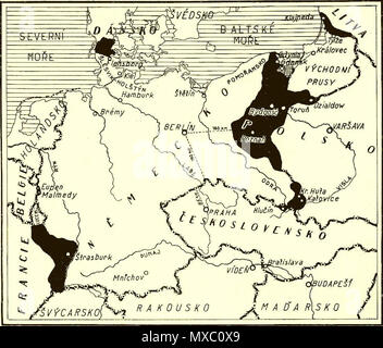 . Carte des pertes territoriales (les zones en noir) de l'Allemagne après le Traité de Versailles de 1919. Les descriptions sont en tchèque. 1937. Inconnu 591 pertes territoriales de l'Allemagne Banque D'Images