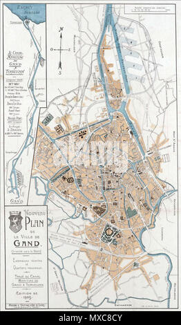 . Anglais : Site de Gand, 1905 Nouveau plan de la ville de Gand, orienté vers le Nord. Prolongation récente et quartiers nouveaux. Tracé du Canal Maritime de Gand à Terneuzen., Maison d' Editions d'Art N. Heins, rue de Brabant 9, Gand., 1905 . 29 mars 2012.  ?, 1905 394 Plan de Gand, 1905 Banque D'Images