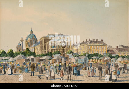 . Deutsch : Der alte Naschmarkt und die Karlskirche, betitelt monogrammiert und MN, Feder, Tusche und Aquarell auf Papier, 18 x 28 cm . vers 1890-1920. Max Neubauer (fl. c. à Vienne 1890-1920) 408 Max Neubauer Modifier Naschmarkt und Karlskirche Banque D'Images