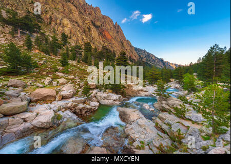 Ruisseau de montagne au Cœur de la Corse, France autour de coucher du soleil Banque D'Images