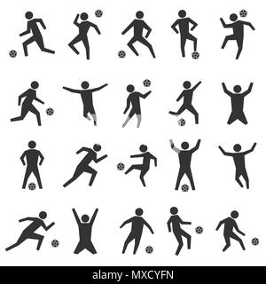 Ensemble de figures bâton. Silhouettes noires des joueurs de football sur un fond blanc dans diverses poses et positions avec le ballon. Télévision, vector icons Illustration de Vecteur