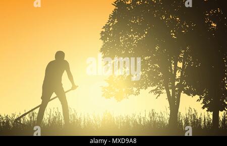 L'homme de la tonte de l'herbe avec une faux sous l'arbre au lever du soleil - vector Illustration de Vecteur