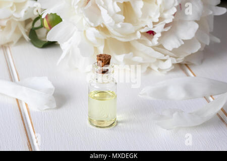Une bouteille d'huile essentielle avec des pétales de fleurs de pivoine blanche et Banque D'Images
