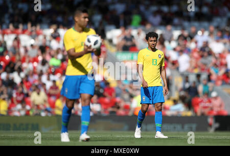 Marquinhos au Brésil (à droite) lors du match international amical à Anfield, Liverpool. APPUYEZ SUR ASSOCIATION photo. Date de la photo: Dimanche 3 juin 2018. Voir PA Story FOOTBALL Brésil. Le crédit photo devrait se lire comme suit : Nick Potts/PA Wire. . Banque D'Images