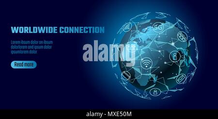Connexion au réseau mondial. Carte du monde Europe Afrique continent point line technologie de l'information dans le monde des affaires. échanges dat La planète terre basse de l'espace rendu polygonal poly vector Illustration Illustration de Vecteur
