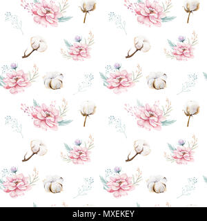 Motif floral transparent aquarelle avec du coton. Des modèles naturels de Bohême : feuilles, plumes, fleurs, isolé sur fond blanc. Decoratio artistique Banque D'Images