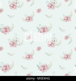 Motif floral transparent aquarelle avec du coton. Des modèles naturels de Bohême : feuilles, plumes, fleurs, isolé sur fond blanc. Decoratio artistique Banque D'Images