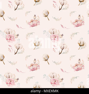 Motif floral transparent aquarelle avec du coton. Des modèles naturels de Bohême : feuilles, plumes, fleurs, isolé sur fond blanc. Decoratio artistique Banque D'Images