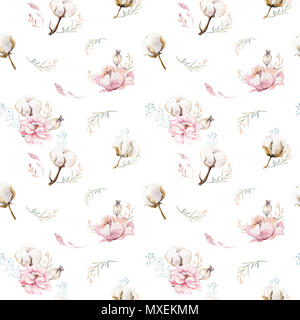 Motif floral transparent aquarelle avec du coton. Des modèles naturels de Bohême : feuilles, plumes, fleurs, isolé sur fond blanc. Decoratio artistique Banque D'Images