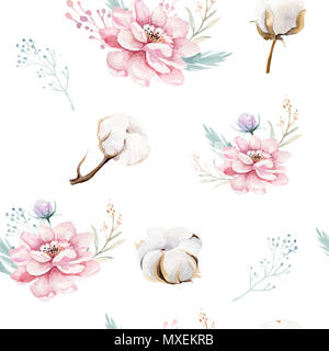 Motif floral transparent aquarelle avec du coton. Des modèles naturels de Bohême : feuilles, plumes, fleurs, isolé sur fond blanc. Decoratio artistique Banque D'Images