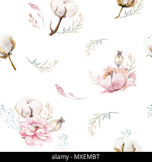 Motif floral transparent aquarelle avec du coton. Des modèles naturels de Bohême : feuilles, plumes, fleurs, isolé sur fond blanc. Decoratio artistique Banque D'Images