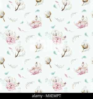 Motif floral transparent aquarelle avec du coton. Des modèles naturels de Bohême : feuilles, plumes, fleurs, isolé sur fond blanc. Decoratio artistique Banque D'Images