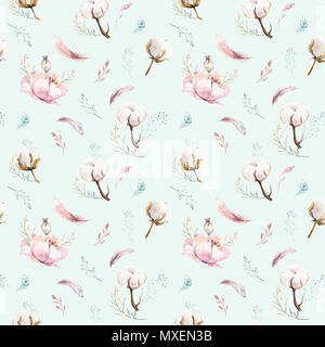 Motif floral transparent aquarelle avec du coton. Des modèles naturels de Bohême : feuilles, plumes, fleurs, isolé sur fond blanc. Decoratio artistique Banque D'Images