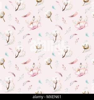 Motif floral transparent aquarelle avec du coton. Des modèles naturels de Bohême : feuilles, plumes, fleurs, isolé sur fond blanc. Decoratio artistique Banque D'Images
