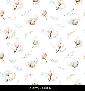 Motif floral transparent aquarelle avec du coton. Des modèles naturels de Bohême : feuilles, plumes, fleurs, isolé sur fond blanc. Decoratio artistique Banque D'Images