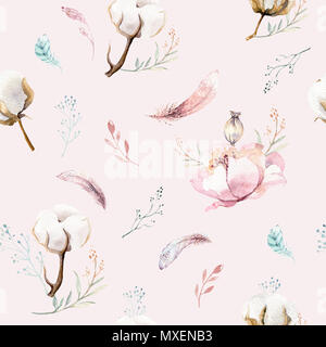 Motif floral transparent aquarelle avec du coton. Des modèles naturels de Bohême : feuilles, plumes, fleurs, isolé sur fond blanc. Decoratio artistique Banque D'Images