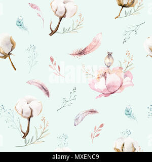 Motif floral transparent aquarelle avec du coton. Des modèles naturels de Bohême : feuilles, plumes, fleurs, isolé sur fond blanc. Decoratio artistique Banque D'Images