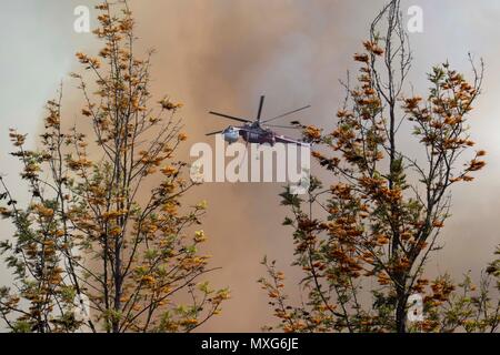 Fire hélicoptère volant dans l'action pour lutter contre un feu de brousse dans la région de Aliso Viejo en Californie. Au moins 150 acres ont été consommés par les flammes le 2 juin, 2018 Banque D'Images