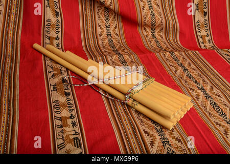 Pinpines de l'Amérique du Sud sur un textile traditionnel Banque D'Images